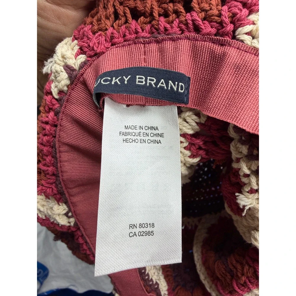Lucky Brand Granny Square Crochet Bucket Hat Women One Size Burgundy Multi Boho